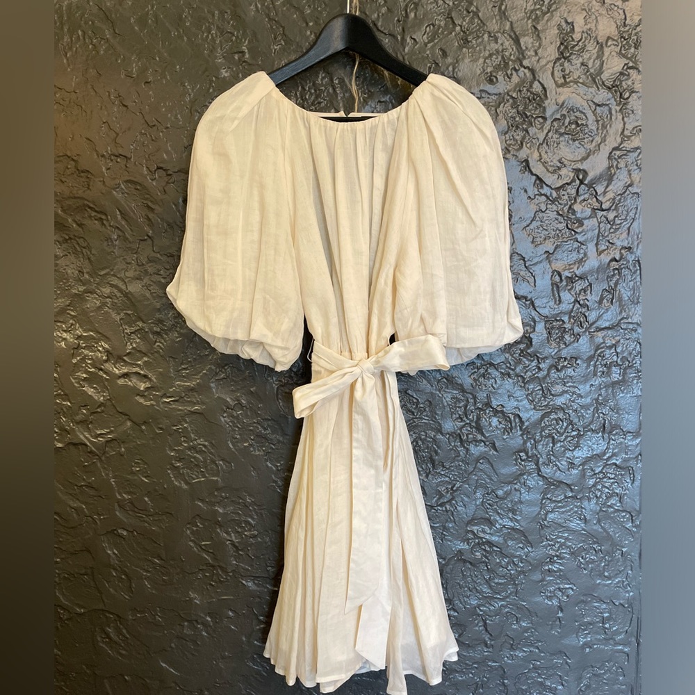 Banana Repulic beige linen bubble sleeve mini dress.